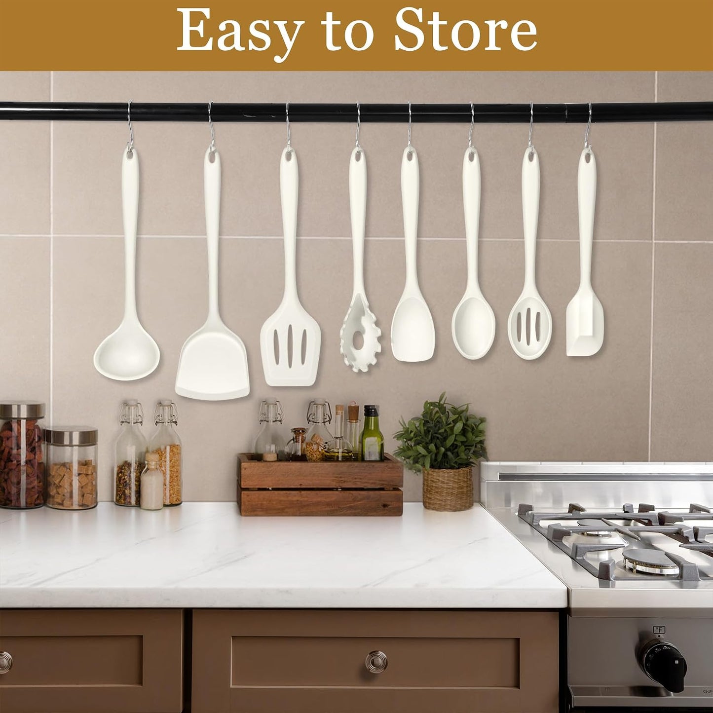 LIANYU Non-Toxic Silicone Kitchen Utensils Set, 8 Piece Non-Scratch Cooking Spoons & Spatulas, Stainless Steel Core, Heat Resistant & Dishwasher Safe, Khaki