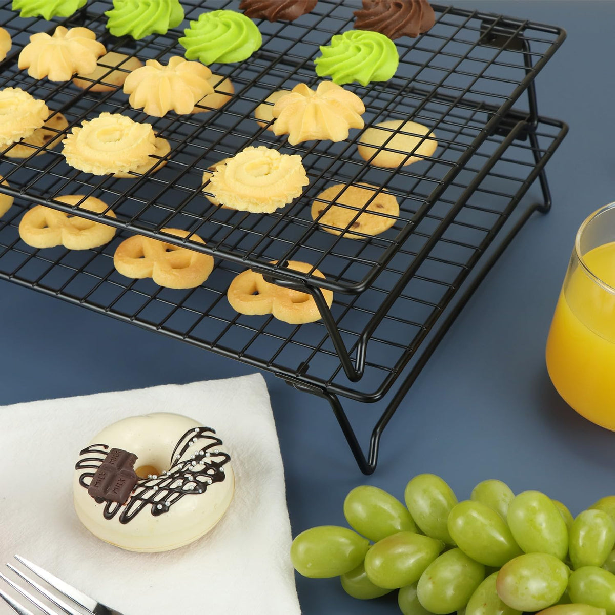 QWORK Stackable Cooling Racks for Baking and Cooking, 2 Pack 13.4x9.4 Inch Nonstick Carbon Steel Wire Rack, Foldable Cooling Rack