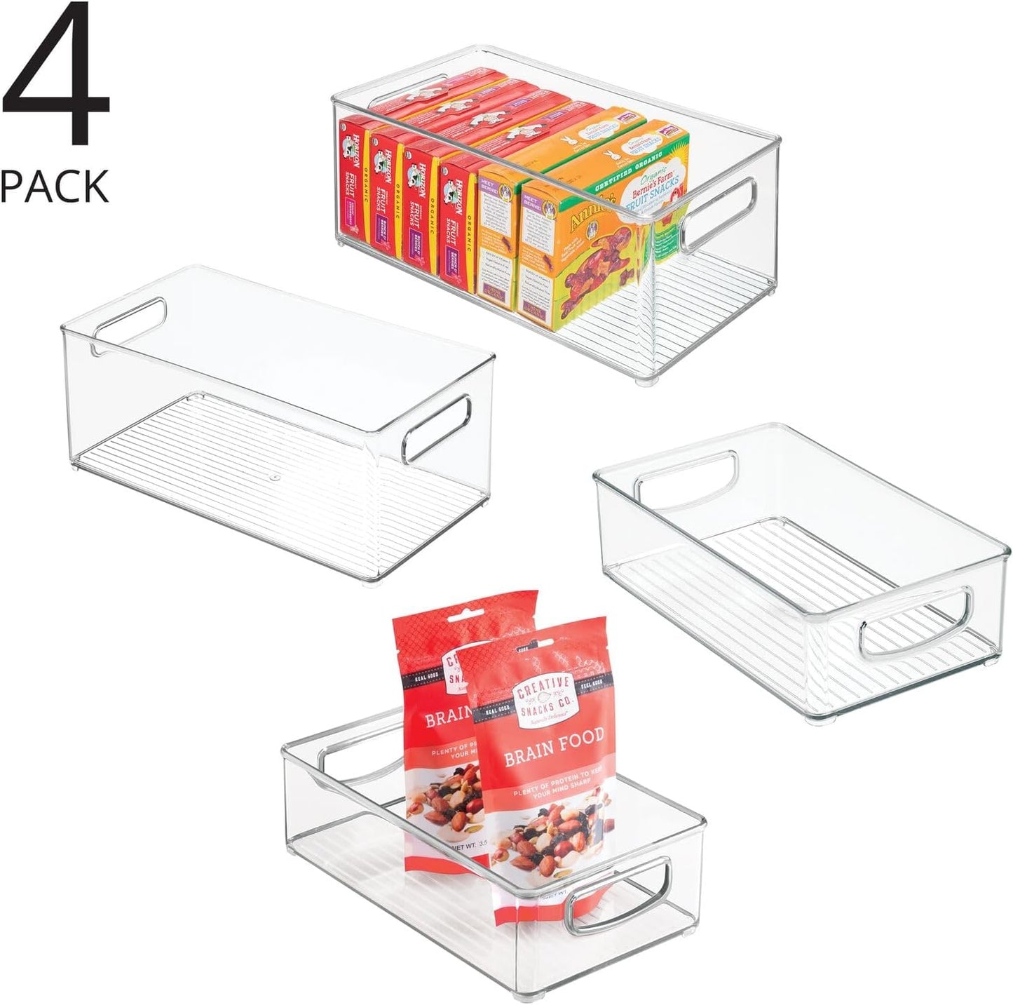 mDesign Deep Plastic Kitchen Storage Organizer Container Bin for Pantry, Cabinet, Cupboard, Shelves, Fridge, or Freezer - Holds Dry Goods, Sauces, Condiments, Drinks, Ligne Collection, 4 Pack, Clear