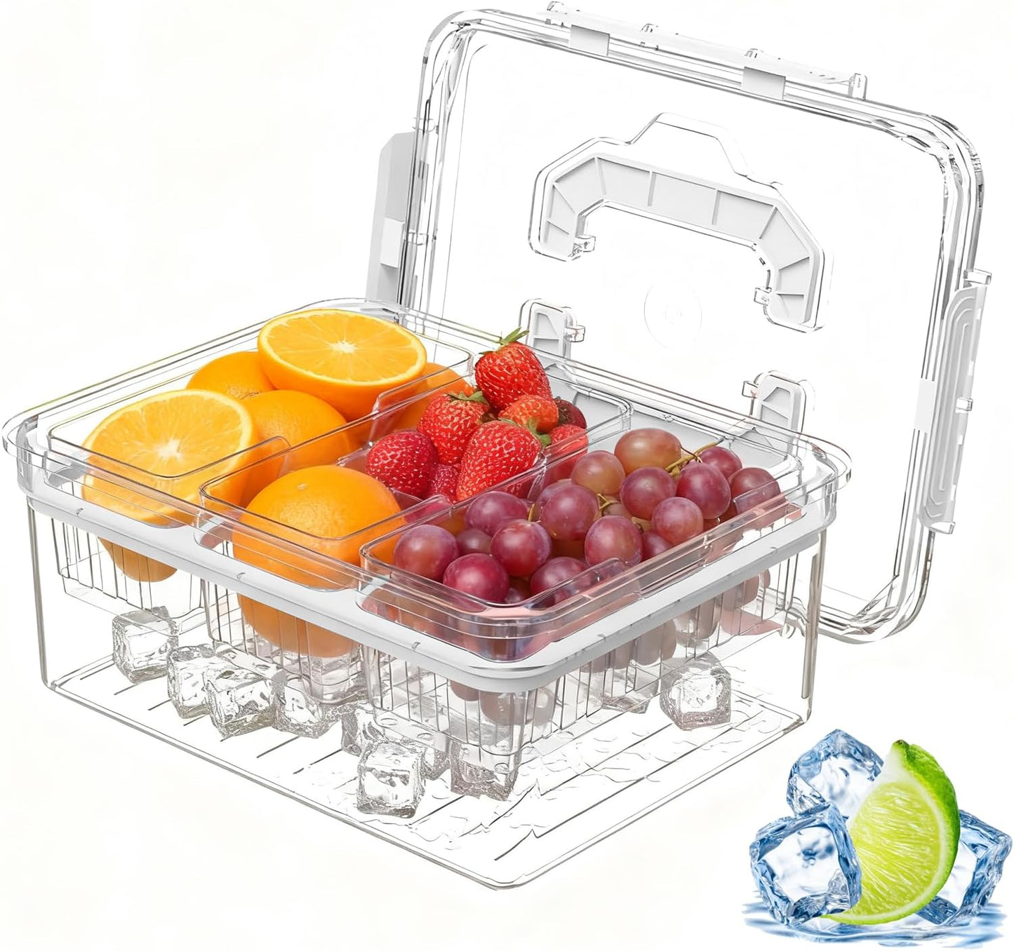 Sorgion Ice Chilled Condiment Caddy with Portable Handle, 3 Compartment Serving Tray with Ice Chamber, Clear Garnish Tray for Bar, Taco Party, BBQ, Picnic & Fruit White