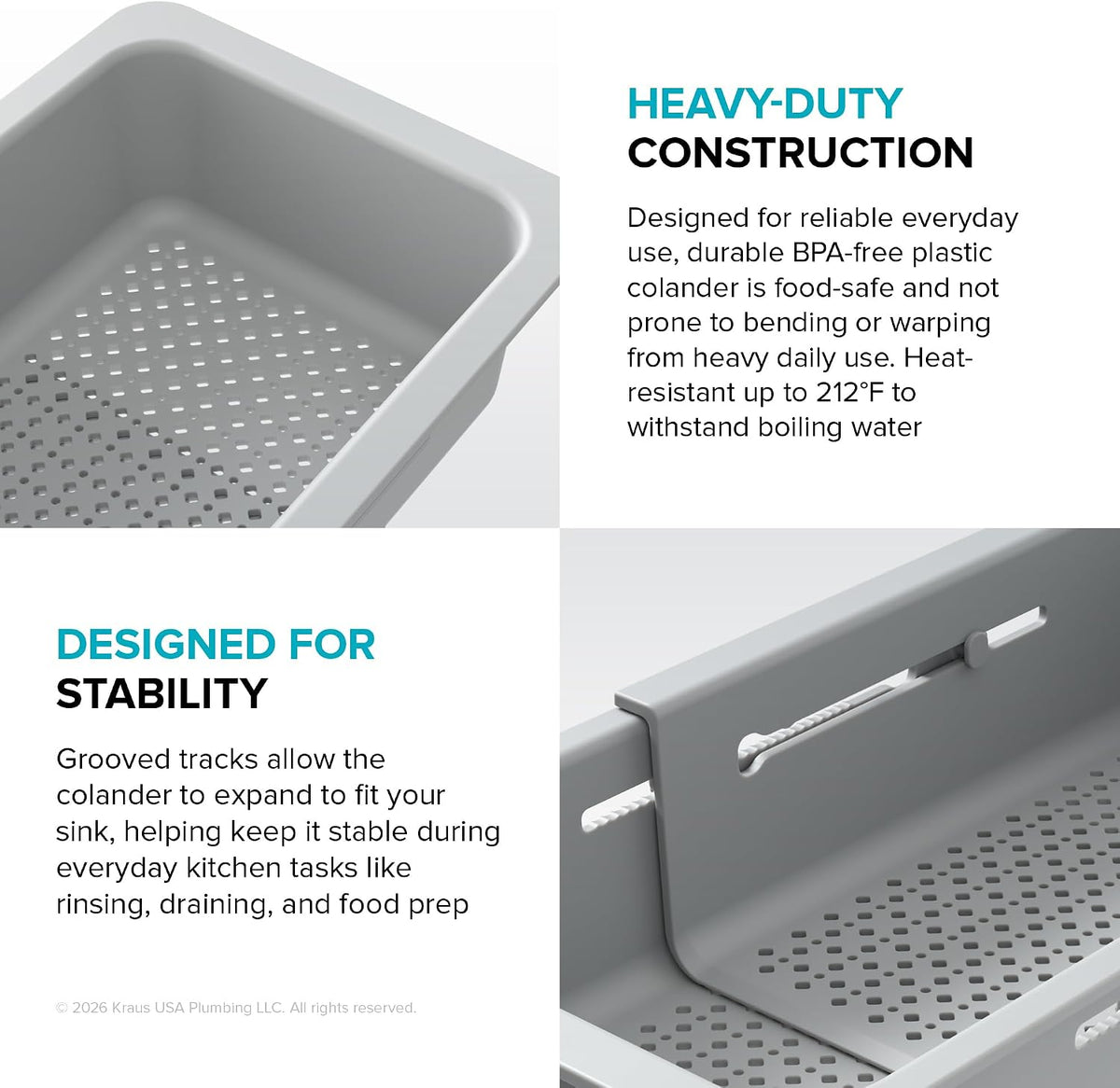KRAUS Expandable Colander for Kitchen Sink/Over the Sink Colander, Lt Grey