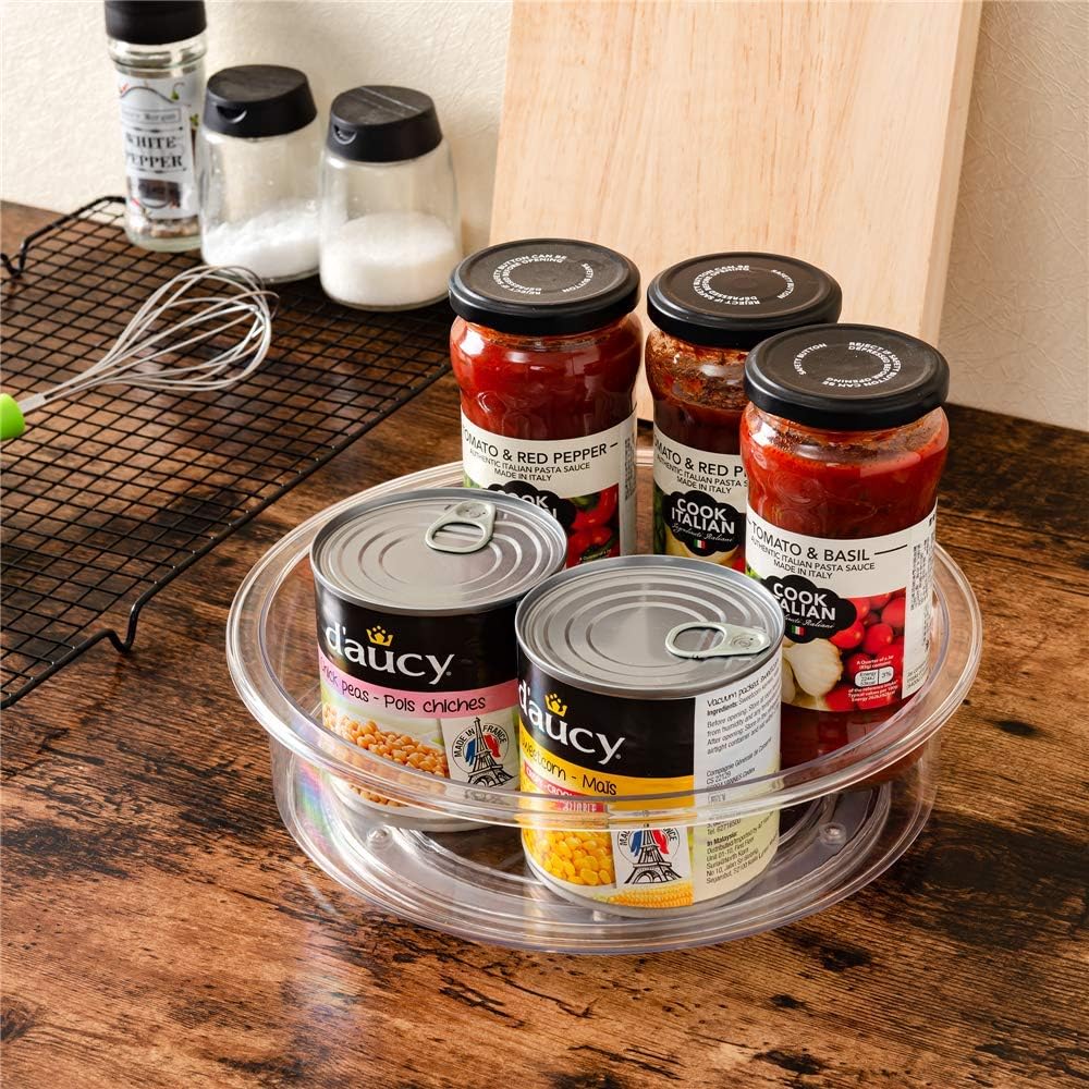 Slideep Lazy Susan Plastic Turntable Divided Spinner for Kitchen Cabinet, Pantry, Fridge, Cupboard, Counter Organizing Fully Rotating Organizer for Food, Spices, and Condiments, 11.5" Clear - 2 Pack
