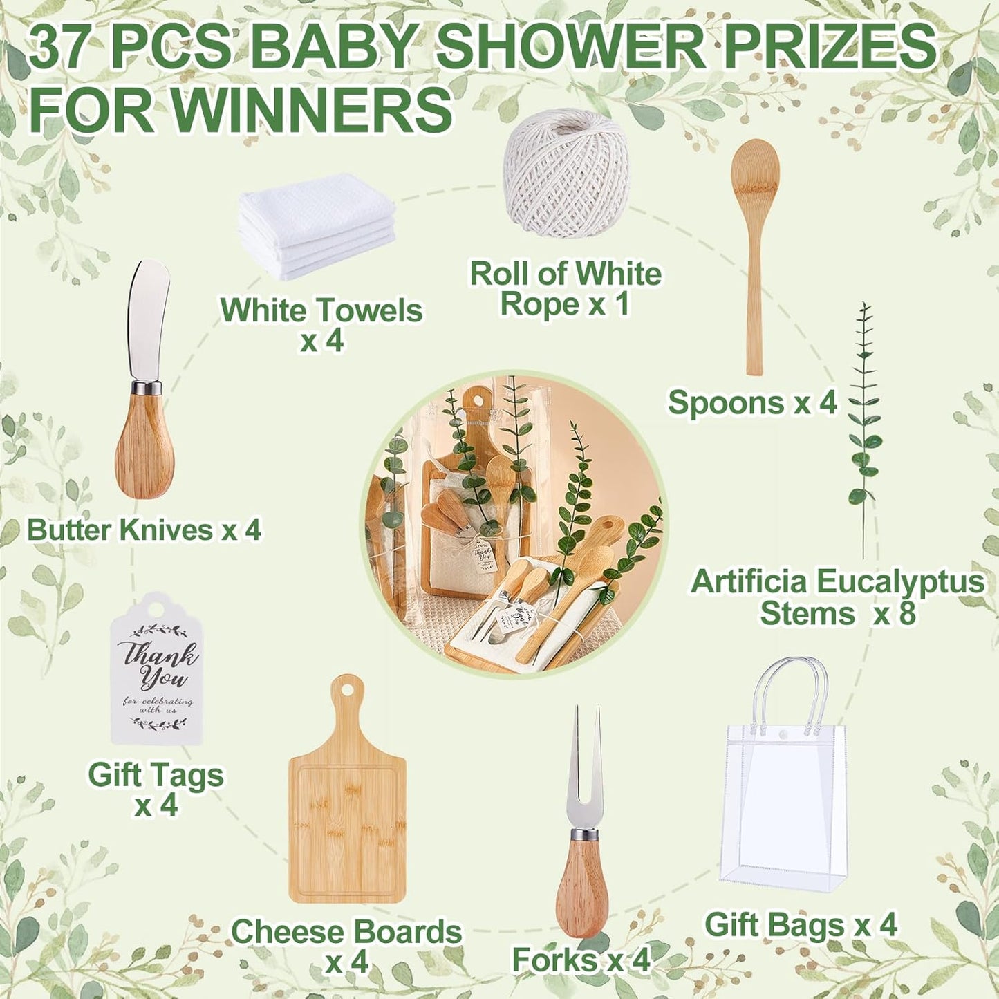 Baby Shower Prizes for Game Winners Bamboo Cheese Board Spoon Fork Butter Spreaders Plaid Towel Thank You Card and Gift Bags for Baby Shower Wedding Bridal Shower Favors (Acacia, 6 Sets)