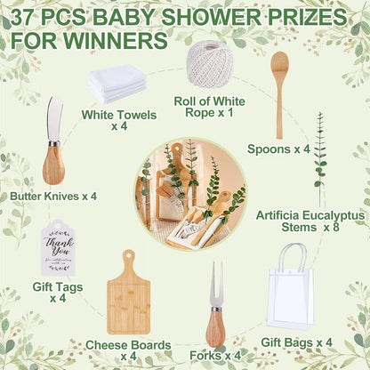 Baby Shower Prizes for Game Winners Bamboo Cheese Board Spoon Fork Butter Spreaders Plaid Towel Thank You Card and Gift Bags for Baby Shower Wedding Bridal Shower Favors (Acacia, 6 Sets)