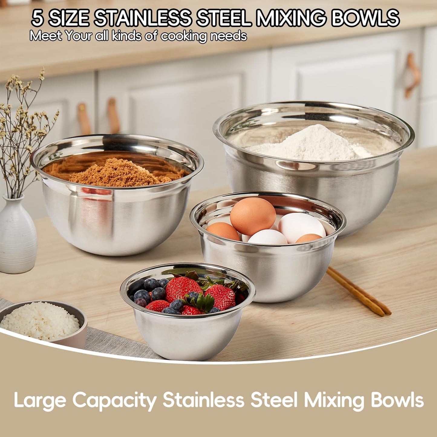 WEPSEN Mixing Bowls Set, 25PCS Stainless Steel Mixing Bowl with Lid Set, Large Nesting Bowls 7, 4.5, 3,2, 1.5QT, Measuring Cups and Spoons Baking Utensils Metal Bowl for Kitchen Prep