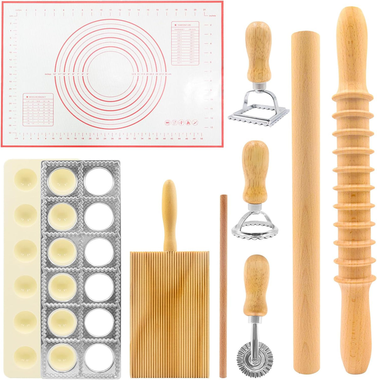 8in1 Ravioli Gnocchi Pasta Dumpling Noodle Maker Cutter Press Mold Stamp - Pasta Manual Accessories Homemade Essentials Making Tool Kit w/Silicone Pastry Mats, Wooden Dough Roller Rolling Pin