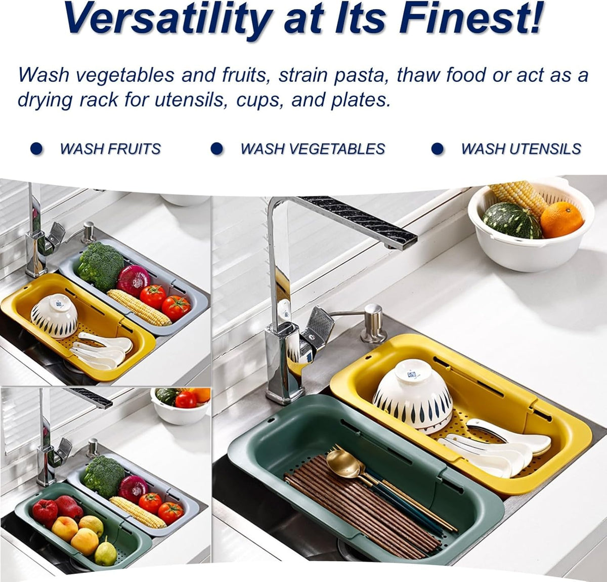 Extendable Sink Colander Strainer Basket - Wash Vegetables and Fruits, Drain Cooked Pasta and Dry Dishes - Adjustable Over the Sink Colander Collapsible Drainer Basket - White