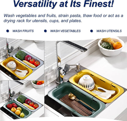Extendable Sink Colander Strainer Basket - Wash Vegetables and Fruits, Drain Cooked Pasta and Dry Dishes - Adjustable Over the Sink Colander Collapsible Drainer Basket - White