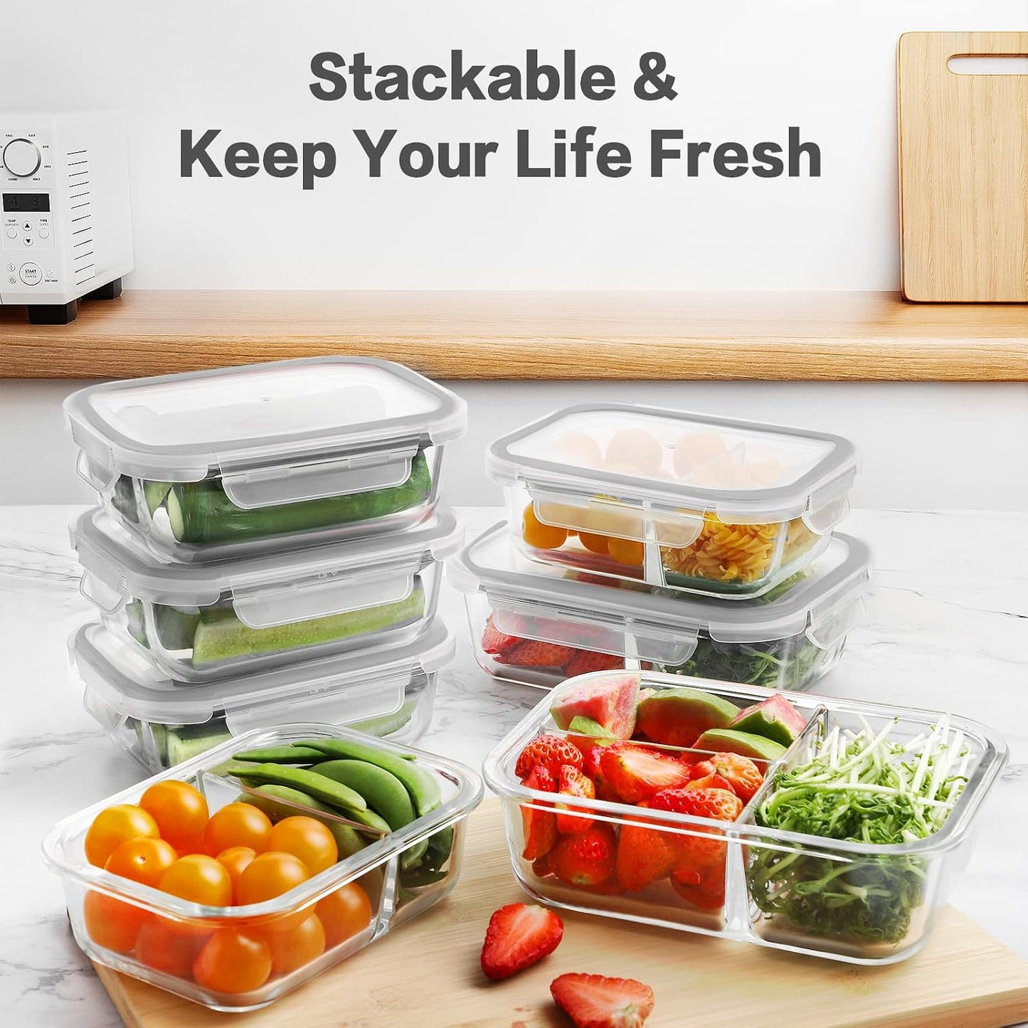 HOMBERKING 9 Pack Glass Meal Prep Containers 3 & 2 & 1 Compartment, Glass Food Storage Containers with Lids, Airtight Glass Lunch Bento Boxes, BPA-Free & Leak Proof (9 lids & 9 Containers) - Grey