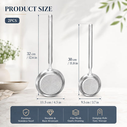 2 Pcs Stainless Steel Kitchen Sieve, Fine Mesh Strainer, Skimmer Strainers