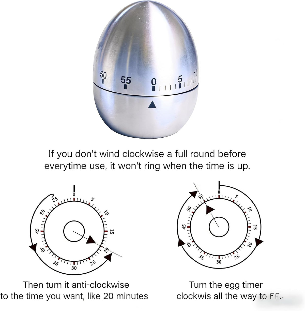 Stainless Steel Kitchen Timer Egg – Accurate Countdown Timer for Cooking, Metallic Silver Egg Shape, with Dual-Language Manual (English & Chinese)