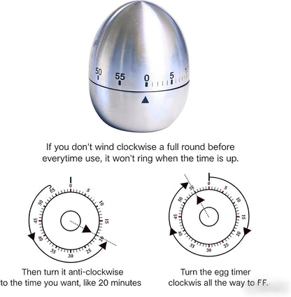 Stainless Steel Kitchen Timer Egg – Accurate Countdown Timer for Cooking, Metallic Silver Egg Shape, with Dual-Language Manual (English & Chinese)