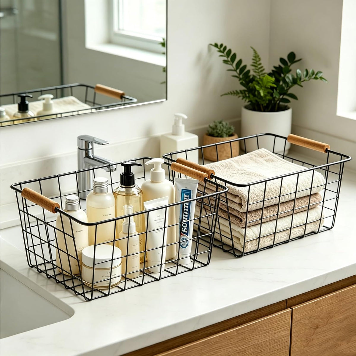 4 Pack Black Metal Wire Storage Baskets, Pantry Baskets for Organizing, Wire Food Storage Basket Organizer with Wooden Handles for Kitchen, Pantry, Freezer - 29 x 22 x 12cm