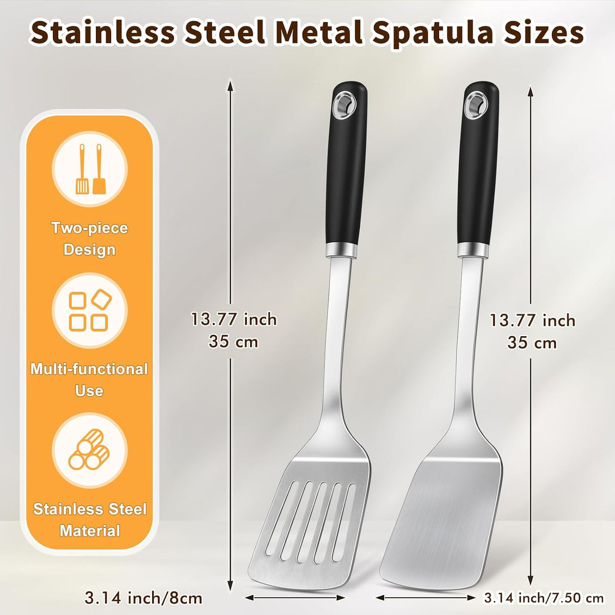 2 Pcs Stainless Steel Spatulas Set, Metal Spatula Solid & Slotted Turner, Heavy Duty Sturdy Spatula for Kitchen Use, High Heat Resistant Cooking Utensils for Fish Eggs Pancakes, Easy to Clean, Silver