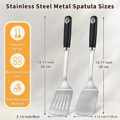 2 Pcs Stainless Steel Spatulas Set, Metal Spatula Solid & Slotted Turner, Heavy Duty Sturdy Spatula for Kitchen Use, High Heat Resistant Cooking Utensils for Fish Eggs Pancakes, Easy to Clean, Silver