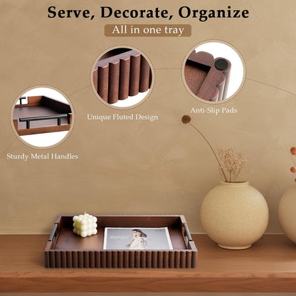 Acacia Wood Decorative Serving Tray with Handles, 16.7" x 12.8" Large Wooden Ottoman Tray for Living Room, Coffee Table Tray Decor for Food, Dinner, Tea or Breakfast in Bed (Natural)
