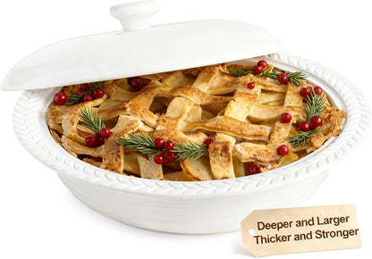 Deep Dish Pie Pan with Lid, 11 inch Ceramic Pie Dish, Round Baking Dish for Apple, Quiche, Pot Pies, Tart, etc, Microwave, Dishwasher, and Oven Safe