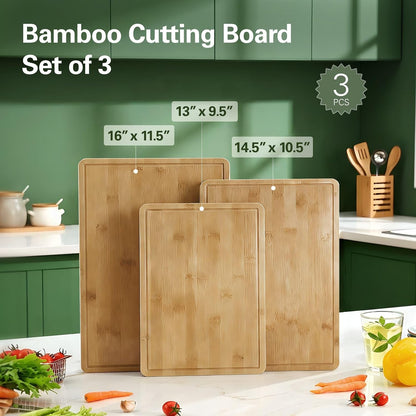 Zarler Bamboo Cutting Boards for Kitchen, 3 Piece Durable Wood Cutting Board with Juice Grooves and Handles, Wooden Chopping Board Set for Meal Prep, XL Size, Ideal Kitchen Gift