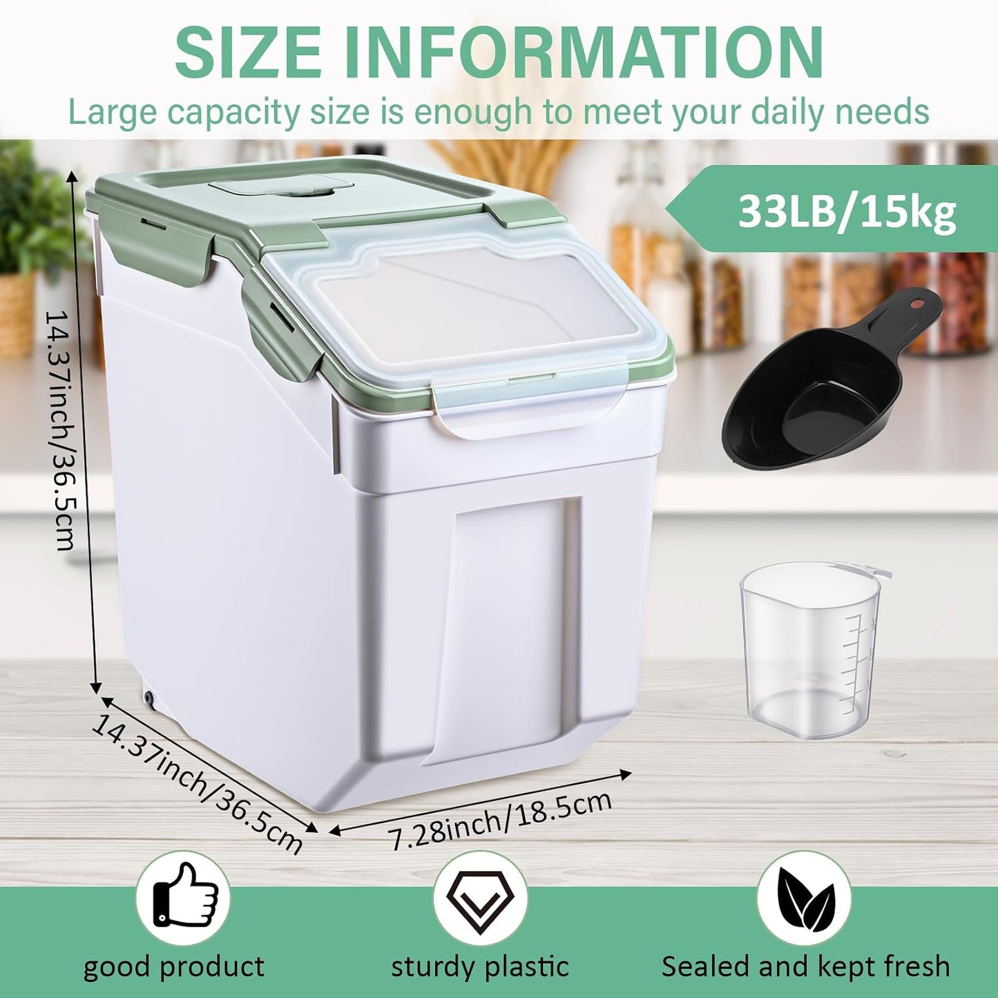 Sunnyray 4 Pcs 55 lbs Grain Rice Storage Container Flour Bin with Wheels Cup Leak Proof Pet Food Storage Boxes Seal Locking Lid Plastic Rice Containers Set for Cereal Flour Cat Dog Food (Blue)