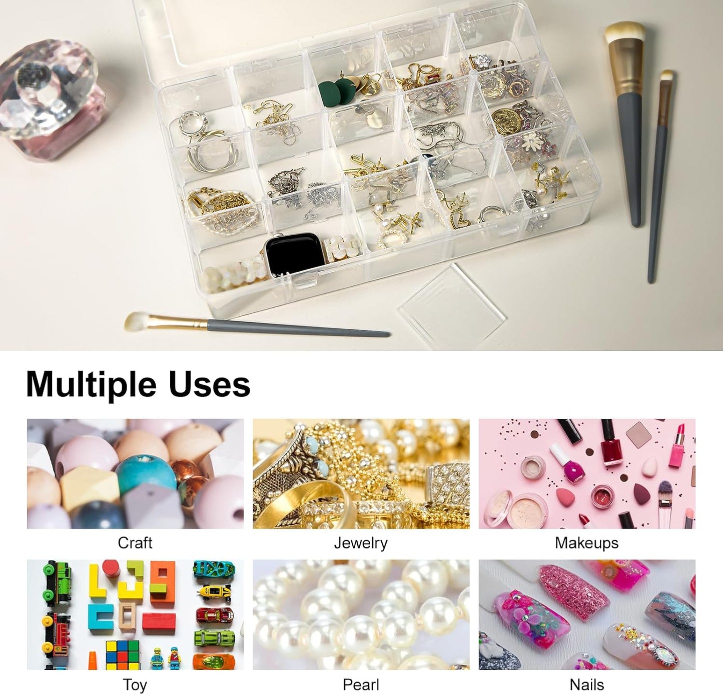 Gospire 15 Large Grids Clear Plastic Jewelry Box Organizer Storage Container with Removable Dividers (15 Grids - Clear)