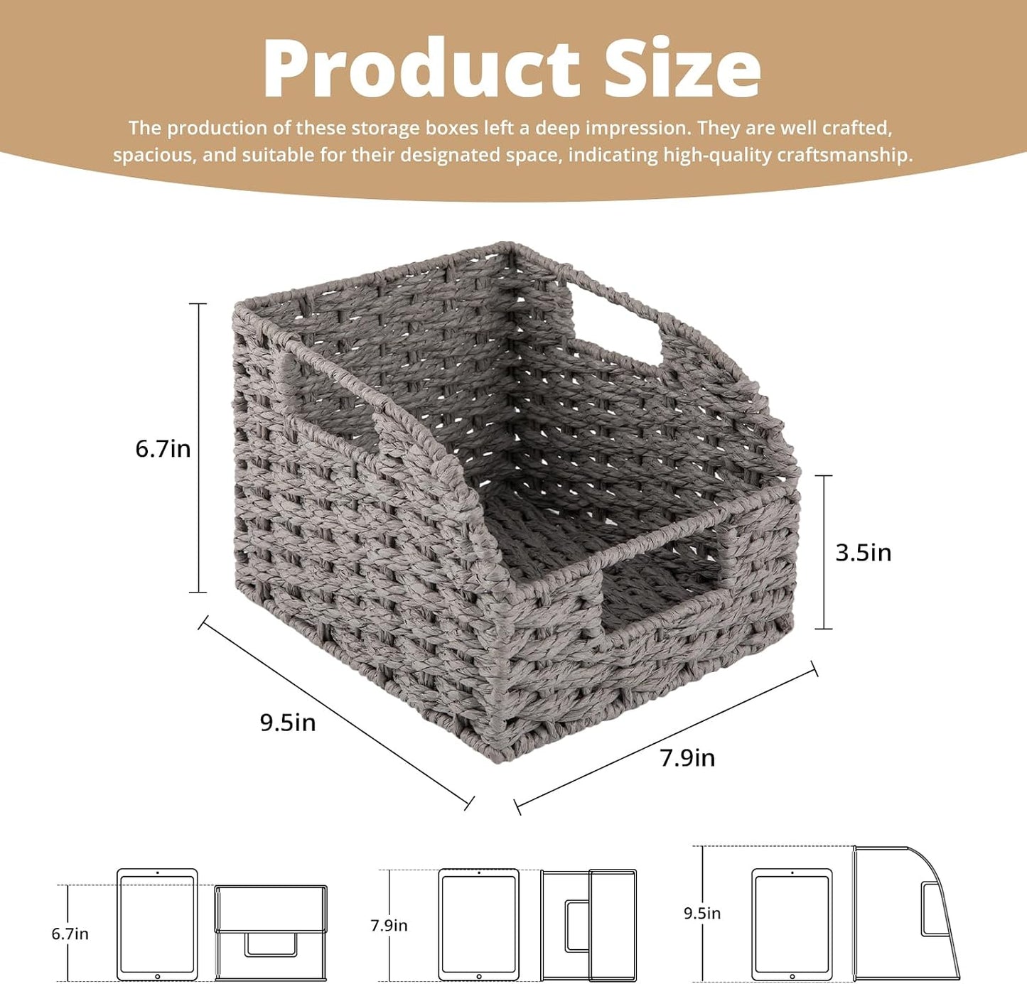 OIAHOMY Pantry Baskets for Organizing, Paper Rope Baskets with Built-in Handles, Wicker Storage Bins for Shelves, 2 Pack-Yellow