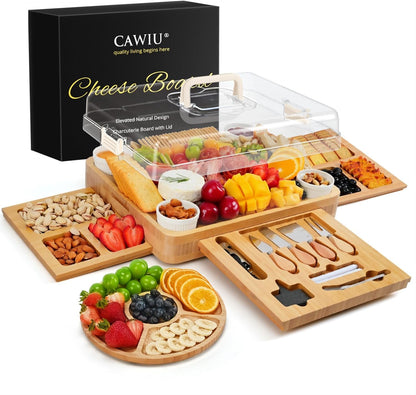 CAWIU Charcuterie Board with Lid – Large Bamboo Cheese Board Set with Utensils & Drawers – Housewarming, Wedding Gifts for Couples, Serving Tray with Cover (Cream)