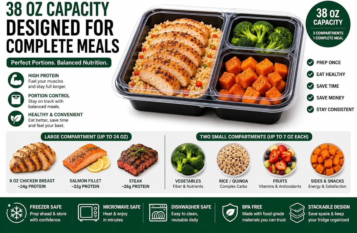 3 Compartment Food Containers with Lids, 25 Pack, 38 Oz Take Out Containers, Reusable Meal Prep Containers, Microwave Safe Lunch Boxes, Food Storage Containers for Catering, Restaurant & To Go Meals
