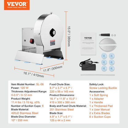 VEVOR Manual Vegetable Fruit Slicer, 0-0.5"/0-12mm Thickness Adjustable Commercial Slicer Machine, Stainless Steel Food Cutter Slicing Machine with 2 Spare Blades, for Potato, Cucumber, Lemon, Tomato