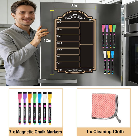 Acrylic Magnetic Dry Erase Board Calendar for Fridge 12" x 8" Black Weekly Planner Whiteboard for Refrigerator Magnet Planning Calendars to Do List Family House Kitchen Decor with 7 Colors Markers