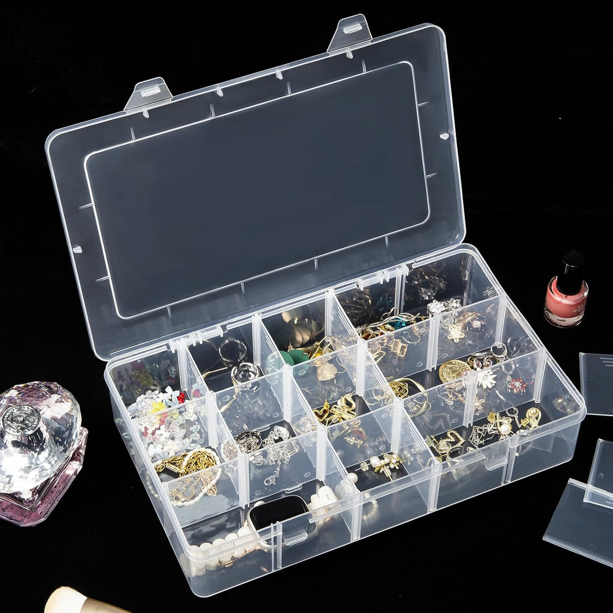 Gospire 15 Large Grids Clear Plastic Jewelry Box Organizer Storage Container with Removable Dividers (15 Grids - Clear)