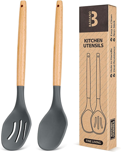 Large Silicone Cooking Spoons, 2 Pack Nonstick Solid and Slotted Wooden handle Spoon Set, Heat Resistan Silicone Kitchen Spoons for Cooking, Serving, Basting, Mixing (Khaki)