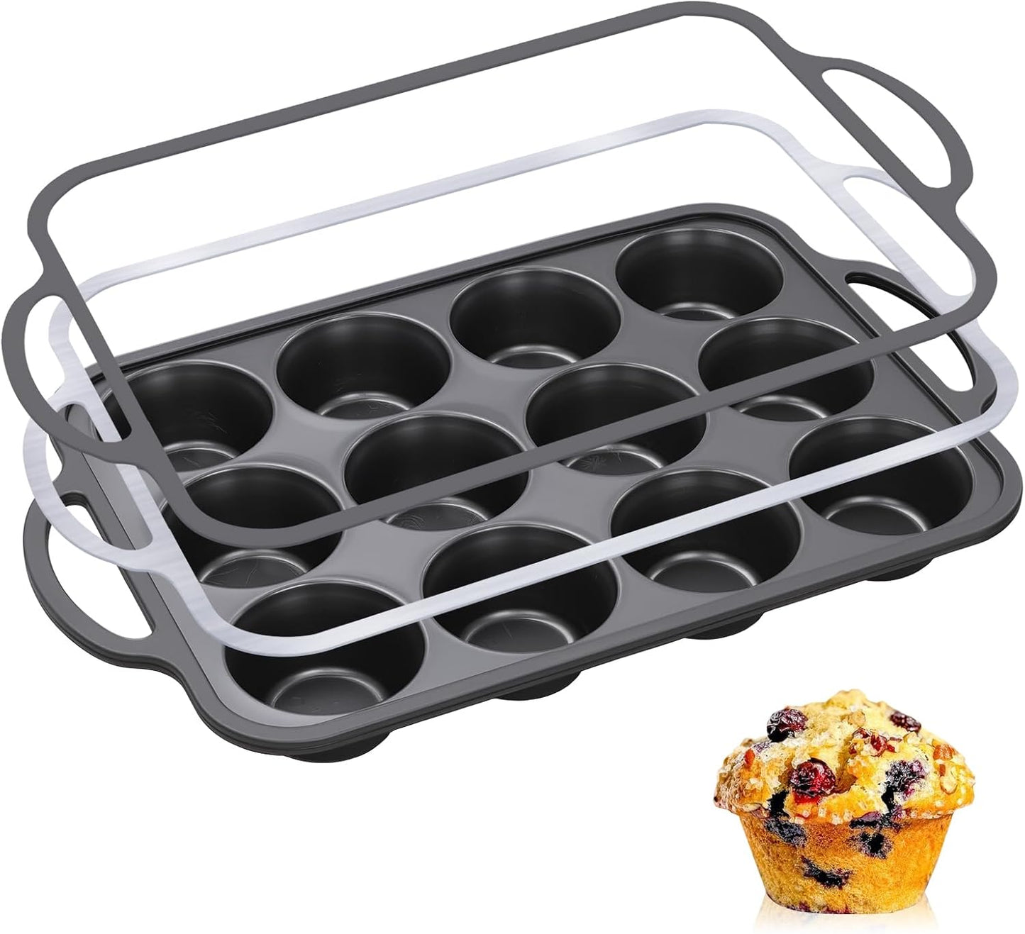 Silicone Muffin Pan with Metal Frame, 12-Cup Non-Stick Baking Pan for Cupcakes & Muffins, Dishwasher Safe & BPA Free, Durable for Meal Prep & Oven Use