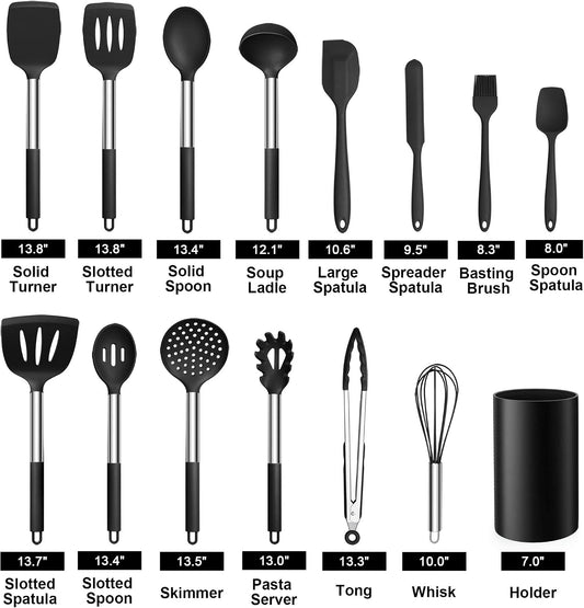 LIANYU 15 Pcs Kitchen Cooking Utensils Set with Holder, Silicone Kitchen Tools with Stainless Steel Handle, Heat Resistant Gadgets, Brush Spatula Spoon Whisk for Cookware, Dishwasher Safe, Khaki