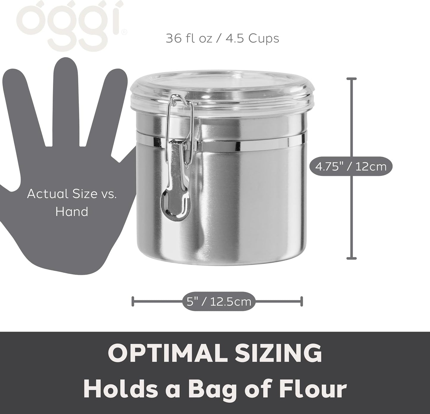 Oggi Stainless Steel Kitchen Canister 62 fl oz - Airtight Clamp Lid, Clear See-Thru Top - Ideal for Kitchen Storage, Food Storage, Pantry Storage. Large Size 5" x 7.5".