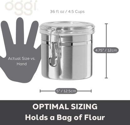 Oggi Stainless Steel Kitchen Canister 62 fl oz - Airtight Clamp Lid, Clear See-Thru Top - Ideal for Kitchen Storage, Food Storage, Pantry Storage. Large Size 5" x 7.5".