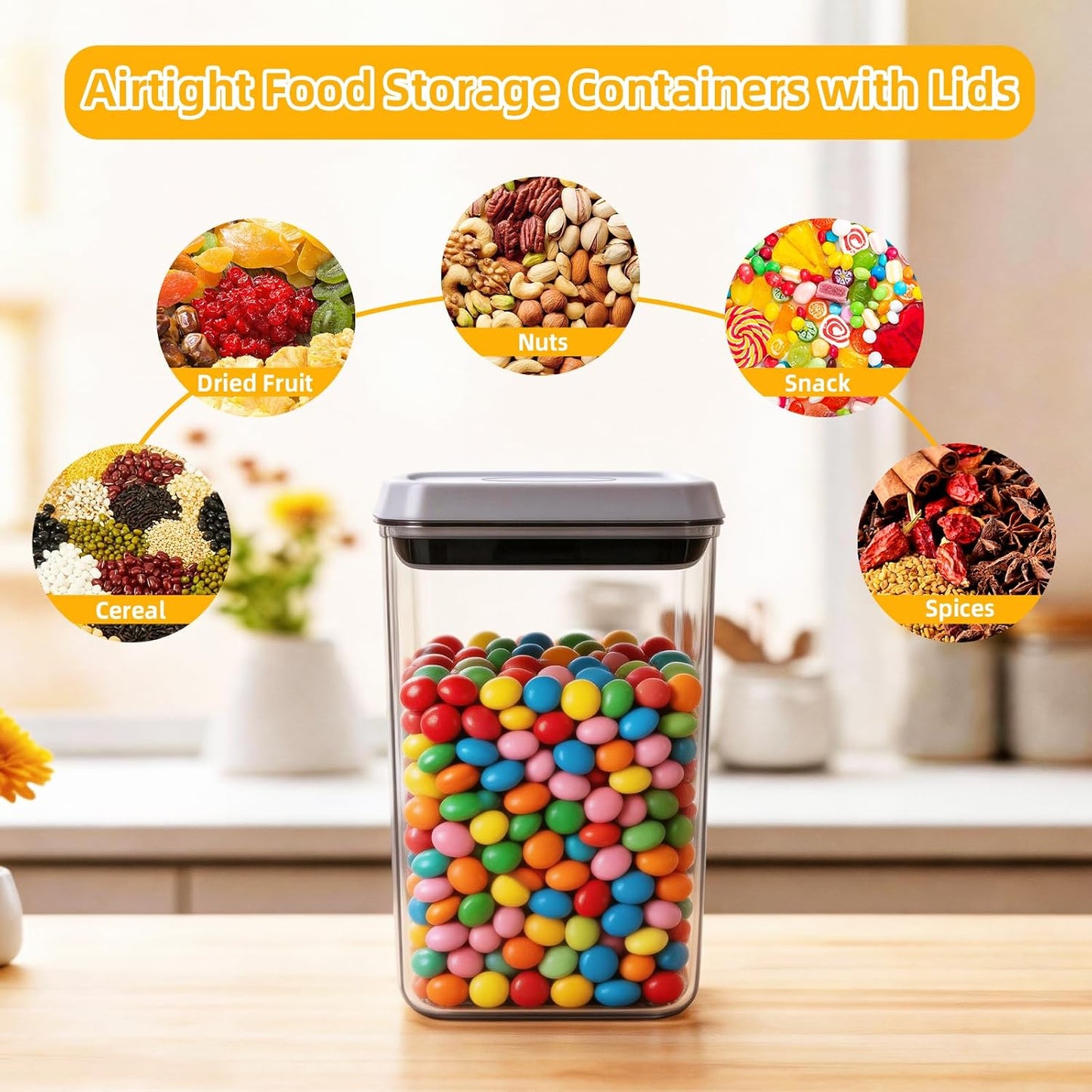 Pop Airtight Food Storage Containers with Lids, Push Button Seal BPA-Free for Kitchen Pantry Organization, 3 Pcs 0.65Qt/0.7Qt/1.8Qt for Cereal, Flour, Sugar, Snacks Dry Food Storage