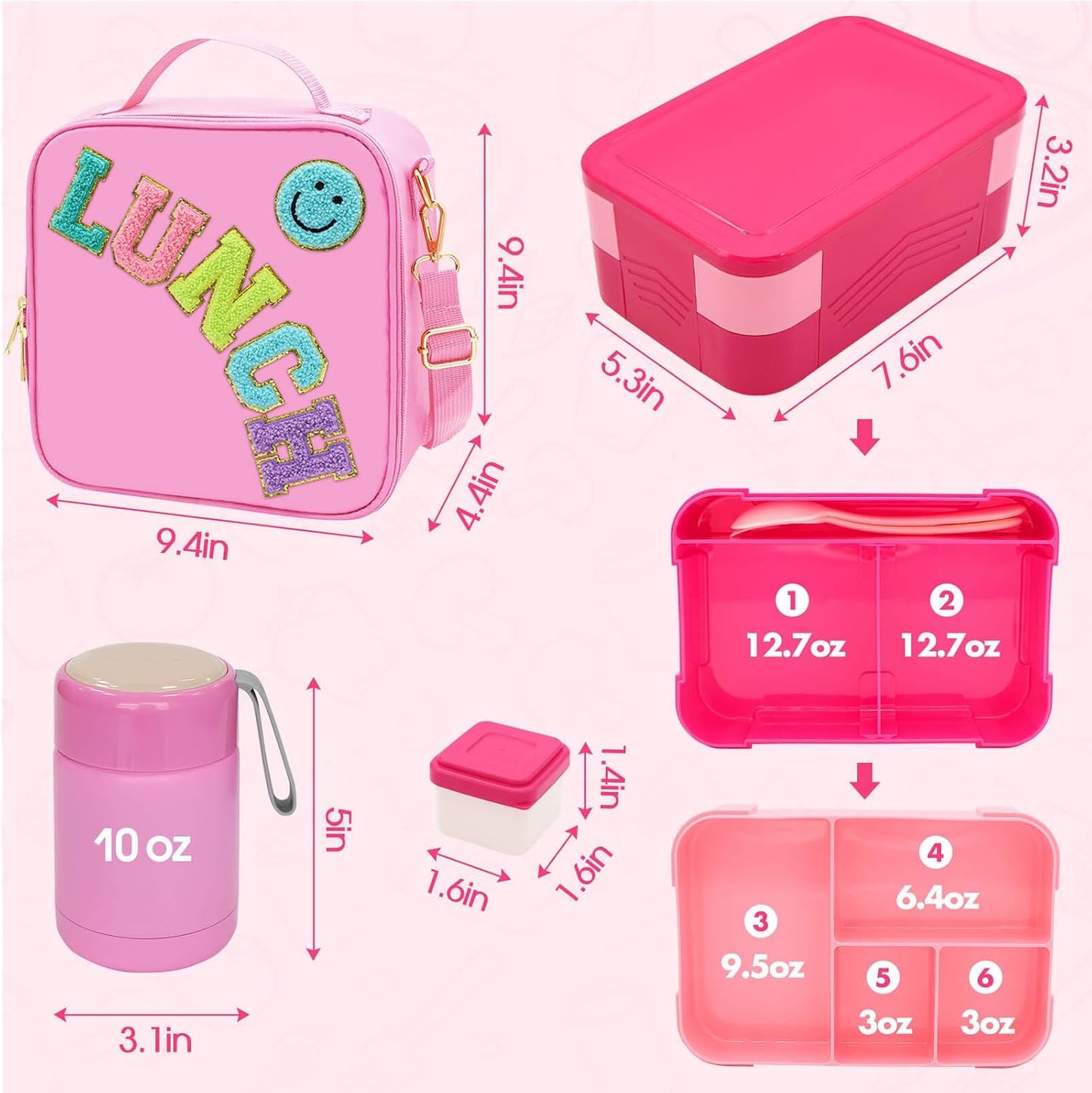 Insulated Lunch Bag for Boys Girls with 10oz Thermo, with 6 Compartment Bento Box, Black Nylon Preppy Lunch Box Adjustable Strap for Boy Girl Kids Teens School Travel Picnic
