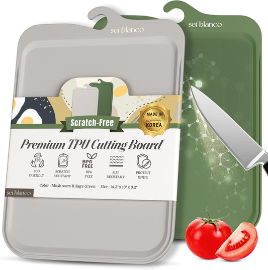 Premium Korean TPU Cutting Board Set of 2 - Non Scratch 13.8" x 9.8" Silicone Like Flexible Cutting Board for Meat - 5mm Thick and Durable - Dishwasher Safe - Non Slip Surface - Sleek Hanging Design