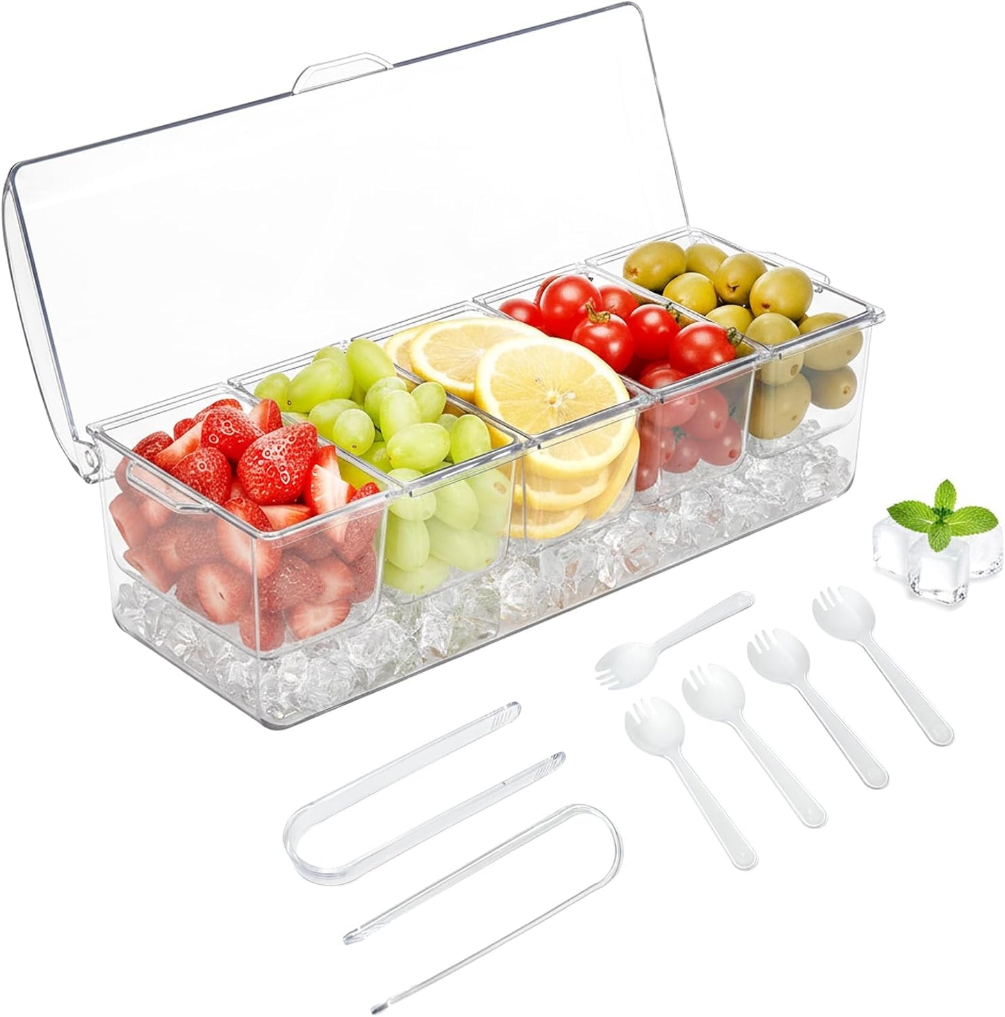 Large Ice Condiment Containers with lids – Condiment Caddy with 5 Removable Containers (20 Oz Capacity) – Taco bar serving set, Host Essentials tray with 5 Spoons and 2 tongs – Ice Color garnish tray