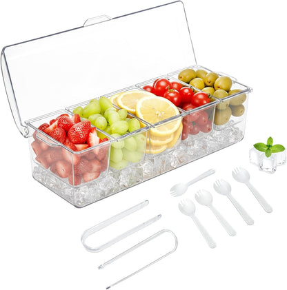 Large Ice Condiment Containers with lids – Condiment Caddy with 5 Removable Containers (20 Oz Capacity) – Taco bar serving set, Host Essentials tray with 5 Spoons and 2 tongs – Ice Color garnish tray