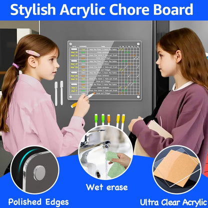 PigPotParty Acrylic Magnetic Chore Chart for Adults, 12x9.5 Inch Clear Dry Erase Chore Board for Fridge, Daily Weekly and Notes Sections, Pre-Installed Embedded Magnets, 8 Fine-tip Markers and Towel