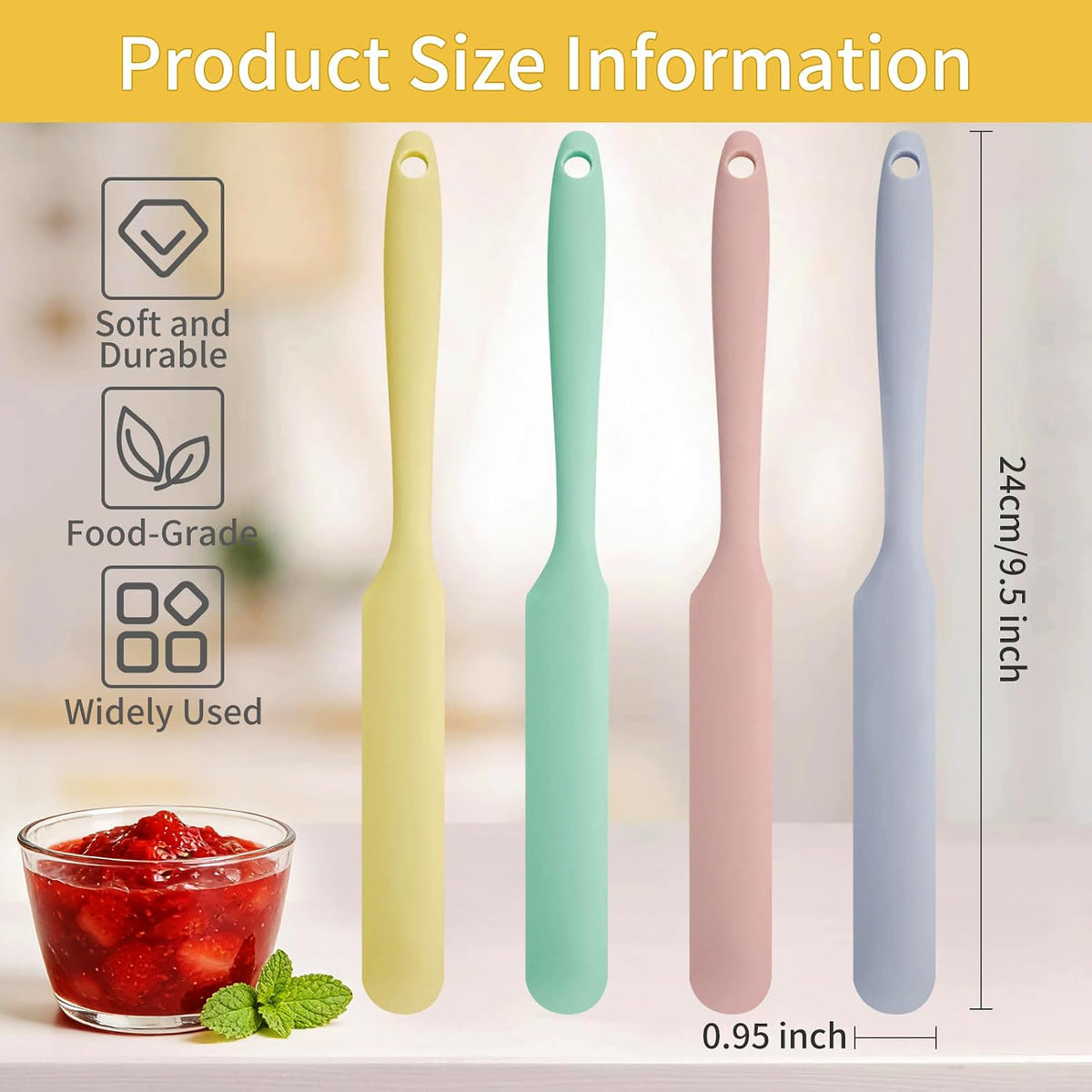 4 Silicone Jar Spatulas,9.8" Long Handle Slim Scraper for Butter