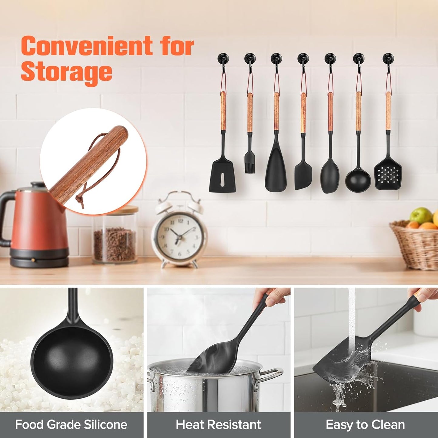 Silicone Cooking Utensils Set of 7 Pack, Wood Handle Heat-Resistant Kitchen Utensils, Non-Stick Cookware Safe - Include Spatula, Spoon, Ladle, Bowl Scraper, Basting Brush for Cooking, Baking, BBQ
