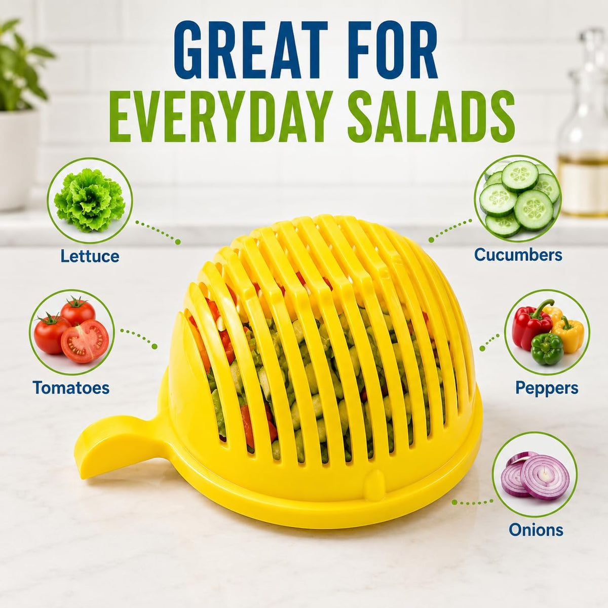 Salad Chopper Bowl with Slits, Fruit Vegetable Cutter, White