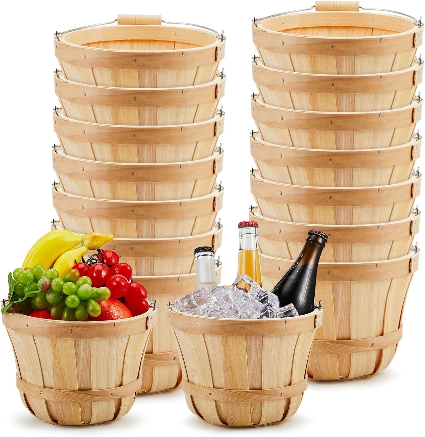 Marsui 10 Pcs Round Wooden Berry Baskets Small Bushel with Handles for Gifts Empty Basket Fruit Buckets for Picking Strawberry Fruits Flowers Crafts Home Wedding (Natural Wood)