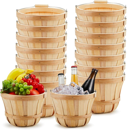 Marsui 10 Pcs Round Wooden Berry Baskets Small Bushel with Handles for Gifts Empty Basket Fruit Buckets for Picking Strawberry Fruits Flowers Crafts Home Wedding (Natural Wood)