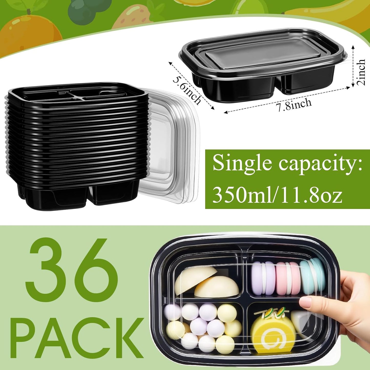 Chunful 36 Pcs 3 Compartment Transparent Snack Containers with Lids Disposable Bento Box Plastic Food Meal Prep Containers for Condiment Salad Dipping School Work Lunch