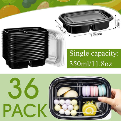Chunful 36 Pcs 3 Compartment Transparent Snack Containers with Lids Disposable Bento Box Plastic Food Meal Prep Containers for Condiment Salad Dipping School Work Lunch