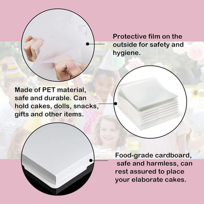 Clear Cake Box, 2 Pcs Transparent Cake Carrier Box with Lids, 4'' PET Packaging Boxes with Ribbon Gift Card for Pastries, Clear Gift Boxes for Birthday, Wedding and Festival Party, White.