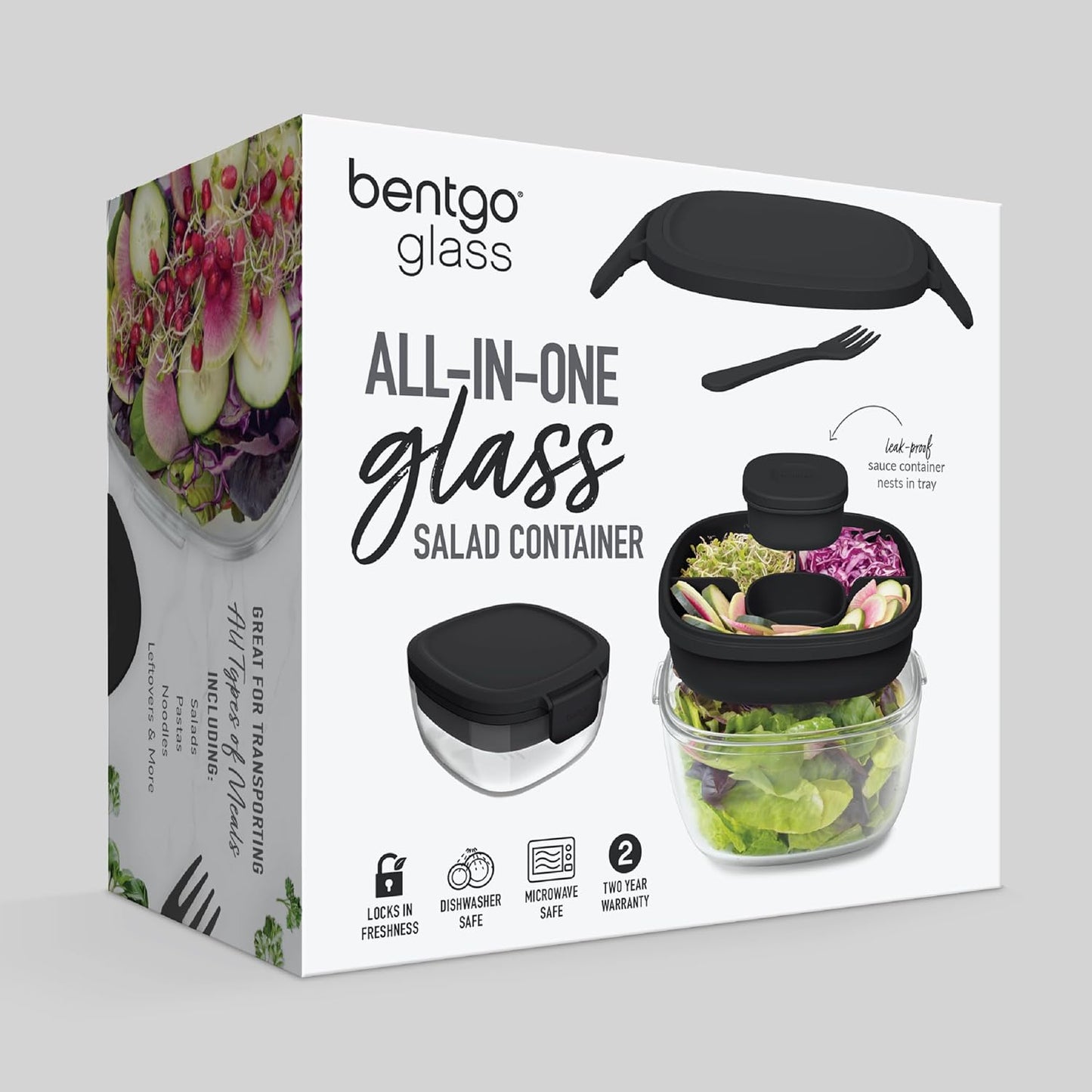 Bentgo Glass Salad Container - 7.6-Cup Salad Bowl with Airtight Lid, Leak-Proof Sauce Container, 4-Compartment Bento Tray & Reusable Fork - BPA-Free for Meal Prep, Office & More (Light Blue)